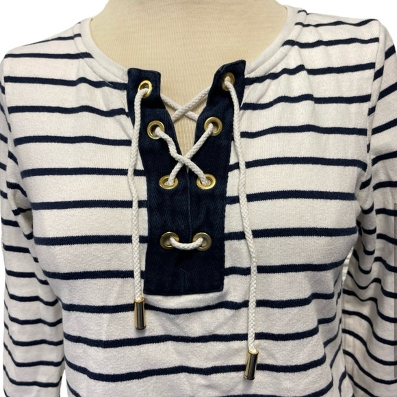 TORY BURCH NAVY WHITE STRIPE NAUTICAL TIE NECK T-SHIRT TOP TEE WOMENS X SMALL - Picture 6 of 12